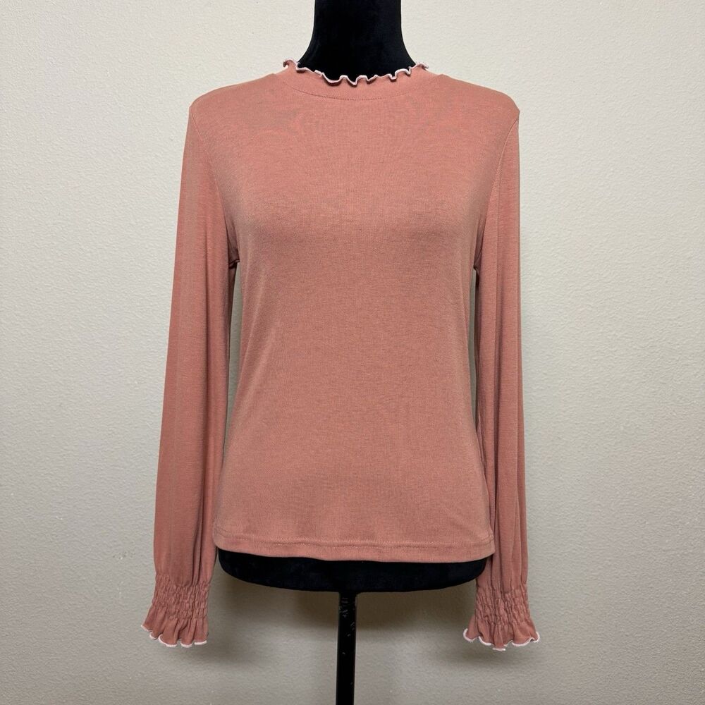 Inman top women medium lightweight lettuce hem bishop sleeve orange